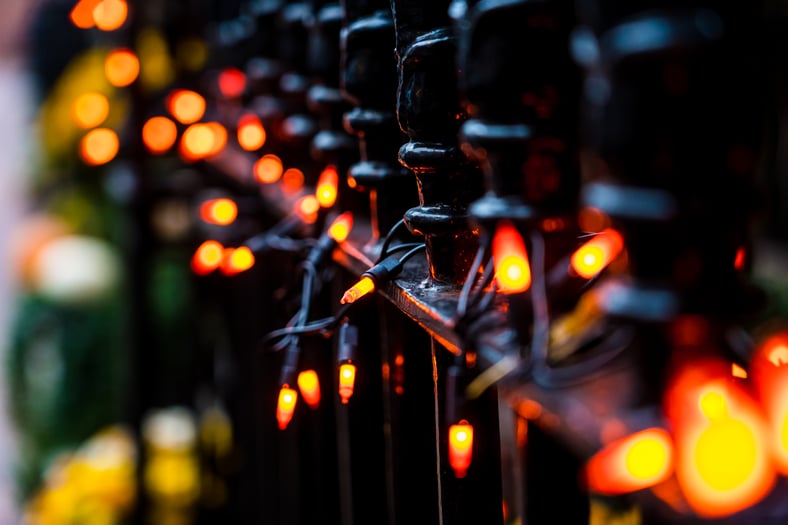 Halloween decorative lights wrapped around wrought iron fence