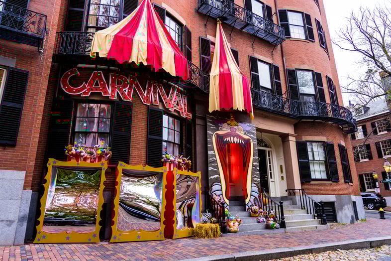 Carnival halloween decorations on brick building 