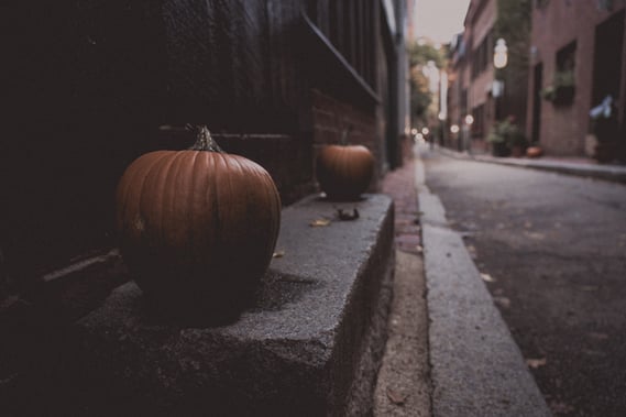 two pumpkins sitting on a single stair in an alleyway